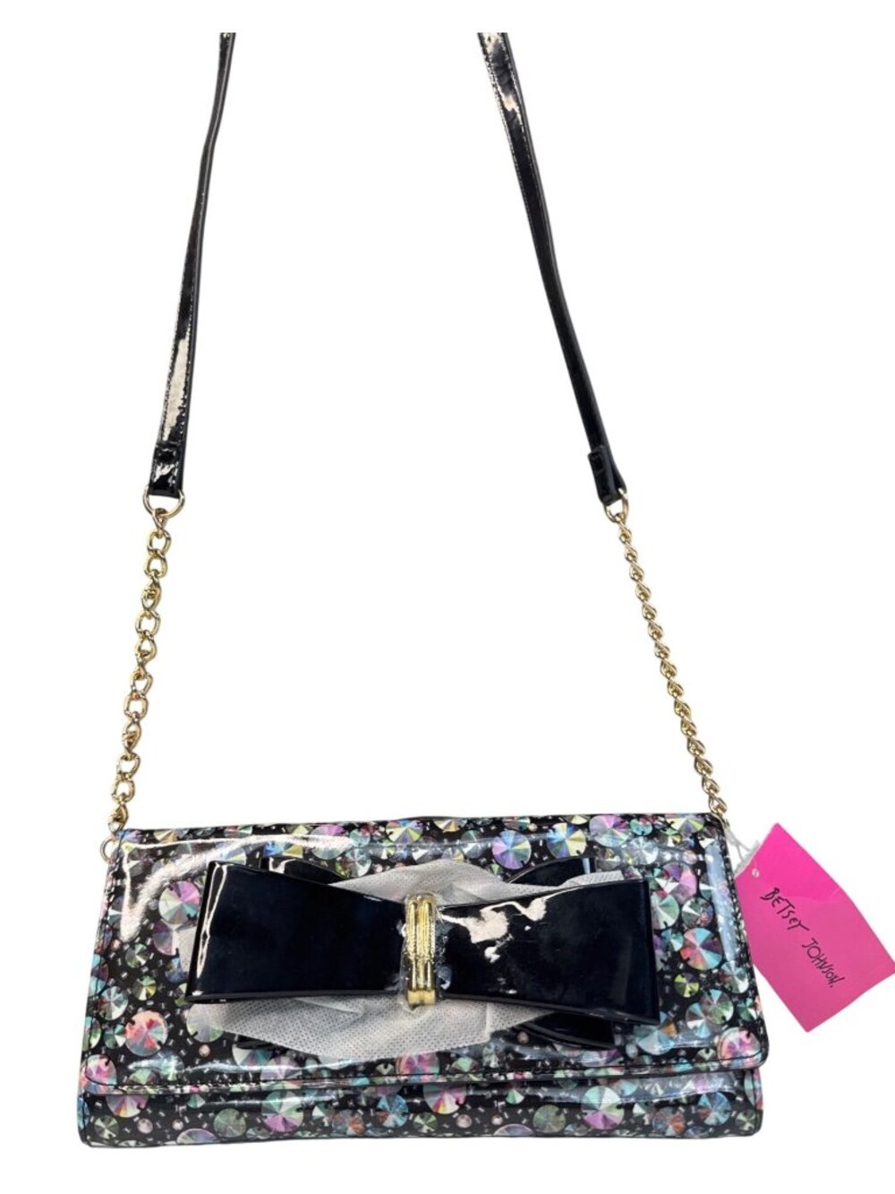 NWT Betsey Johnson Gem Bow Crossbody Purse W/Floral Interior Gold Chain Strap